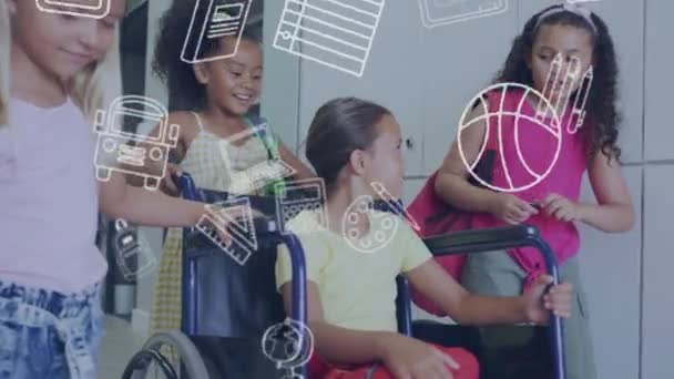 Анимация Школьных Икон Над Счастливыми Разнообразными Школьницами Толкающими Друга Инвалидном — стоковое видео