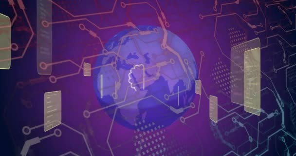 紫色の背景で世界中のAiチャットやデータ処理のアニメーション 世界的な人工知能 デジタルインターフェイス データ処理コンセプトデジタル生成ビデオ — ストック動画