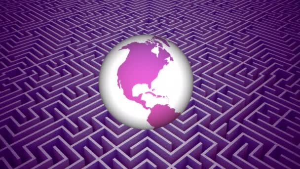 紫色背景下迷宫图案上旋转的地球仪动画 全球旅行 全球和地图概念数字生成视频 — 图库视频影像