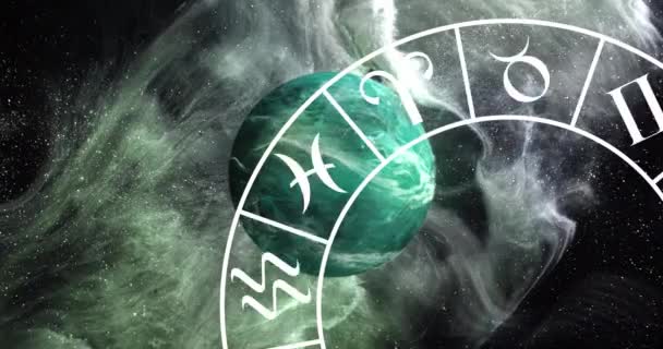 Animacja Koła Znaków Zodiaku Kuli Ziemskiej Horoskop Znak Zodiaku Koncepcja — Wideo stockowe