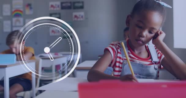 Animation Clock Bored African American Schoolgirl Working Desk Class School — Stock Video