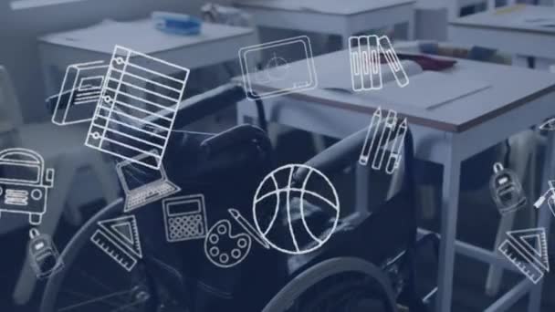 Animation Von Schulsymbolen Über Rollstuhl Schreibtisch Klassenzimmer Behinderungen Inklusion Schule — Stockvideo