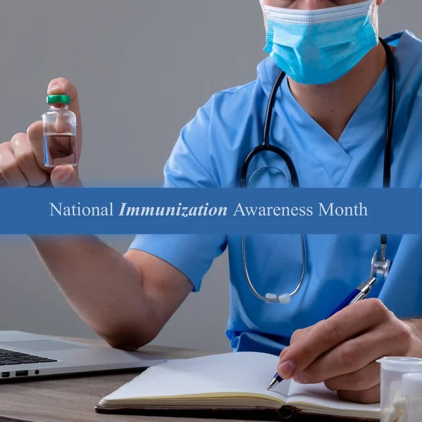 National Immunization Awareness Month Text Caucasian Doctor Holding Vial Writing — Photo