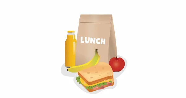 Εικονογράφηση Σχολική Τσάντα Γεύμα Σάντουιτς Φρούτα Και Χυμό Λευκό Φόντο — Φωτογραφία Αρχείου