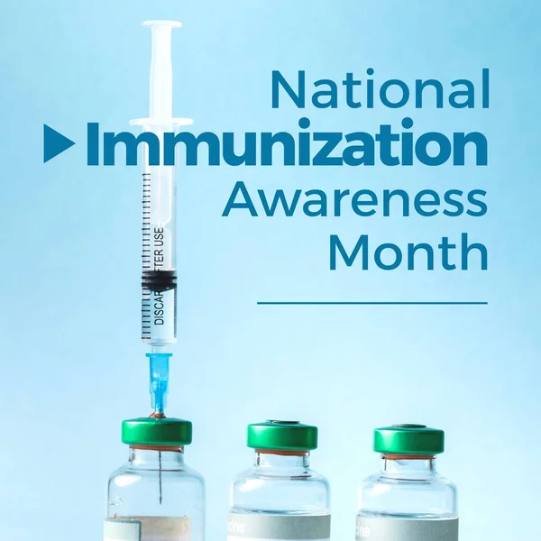 Samenstelling Van Nationale Immunisatie Bewustmakingsmaand Tekst Injectieflacons Met Spuit Blauwe — Stockfoto
