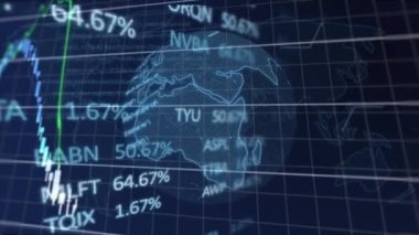 Dönen dünya ve dünya haritasına karşı finansal ve borsa veri işleme animasyonu. Küresel ekonomi ve iş veri teknolojisi kavramı