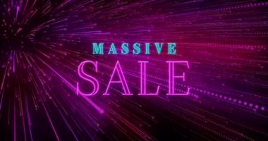 Mor zemin üzerinde pürüzsüz desenli ışık yollarının üzerindeki devasa satılık metin afişlerinin animasyonu. Video oyunu arayüzü teknolojisi kavramı