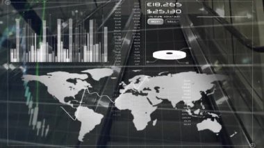 Yürüyen merdivene karşı istatistiksel, finansal ve borsa veri işleme animasyonları. Küresel ekonomi ve iş veri teknolojisi kavramı