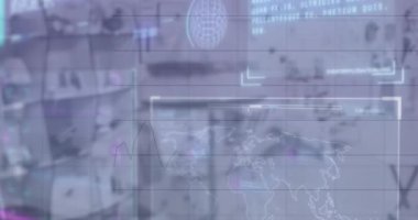 Şehir manzarası üzerinde veri işleme animasyonu. Dijital olarak oluşturulmuş küresel bağlantılar, hesaplama, dijital arayüz ve veri işleme kavramı.