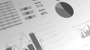 Animation of statistical data processing over grid network against grey background. Business data technology concept