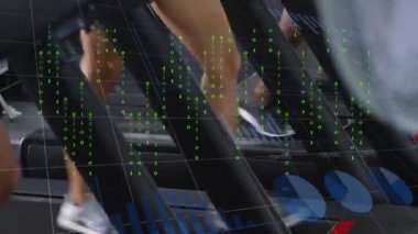 Çeşitli insanların koşması üzerine veri işleme animasyonu. Küresel spor, bağlantılar, veri işleme, dijital arayüz ve dijital olarak oluşturulmuş bilgisayar konsepti.