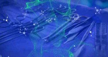 Tıbbi aletlerin kapatılmasına karşı moleküler yapıların ve yeşil dijital dalgaların animasyonu. Tıbbi sağlık ve araştırma teknolojisi kavramı