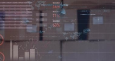 Depodaki teslimat kutularıyla istatistiksel veri işleme animasyonu. Küresel ağ ve lojistik iş teknolojisi kavramı