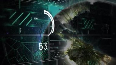 Uzayda dönen dünya üzerinde veri işleme arayüzünün animasyonu. Bilgisayar arayüzü ve iş teknolojisi kavramı