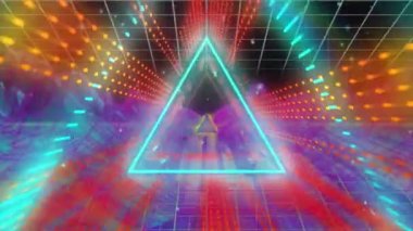 Parlak neon tünelin üzerinde metaevren animasyonu. Dijital olarak oluşturulmuş küresel video oyunu, iletişim ve dijital arayüz kavramı.