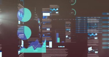 Gri arka planda istatistiksel veri işleme ve ışık noktasının animasyonu. Bilgisayar arayüzü ve iş veri teknolojisi kavramı