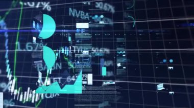 Mavi arka planda istatistiksel, finansal ve borsa veri işleme animasyonları. Küresel ekonomi ve iş veri teknolojisi kavramı