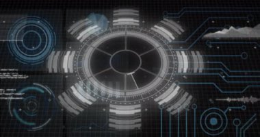 Yuvarlak tarayıcı, mikro işlemci bağlantıları ve veri işleme arayüzünün animasyonu. Bilgisayar arayüzü ve iş teknolojisi kavramı