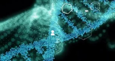 Siyah arkaplana karşı DNA sarmalları ve molekül yapıları oluşturan noktaların animasyonu. Dijital olarak üretilmiş, hologram, illüstrasyon, anatomi, tıbbi, sağlık ve teknoloji konsepti.