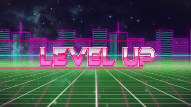 Şehir manzarası ve ızgara üzerinde seviye yükseltilmiş metin canlandırması. Dijital olarak oluşturulmuş küresel video oyunu, iletişim ve dijital arayüz kavramı.