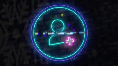 Titreşimlerin animasyon metni ve profil simgesi tuğla duvar zeminine karşı neon yuvarlak afiş üzerine. Sosyal medya ağı ve video oyunu teknolojisi kavramı