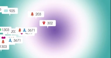 Simgelerin canlandırılması ve uyarı kutularında değişen numaralar gradyan arkaplana karşıdır. Dijital olarak üretilmiş, hologram, illüstrasyon, büyüme, sosyal medya ve teknoloji kavramı.