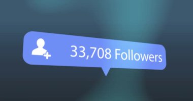 Mavi gradyan arkaplanda konuşma balonunda takipçileri artan profil simgesi animasyonu. Sosyal medya ağı ve iş teknolojisi kavramı