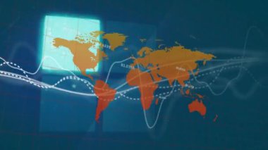 Dünya haritası üzerinde veri işleme animasyonu ve mavi arka planda neon kare şekiller. Küresel ağ ve iş teknolojisi kavramı