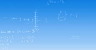 Mavi gradyan zemin üzerinde yüzen matematiksel denklemlerin ve formüllerin animasyonu. Okul ve eğitim teknolojisi kavramı
