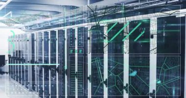 Animation of interface with data processing against computer server room. Computer interface and business data storage technology concept