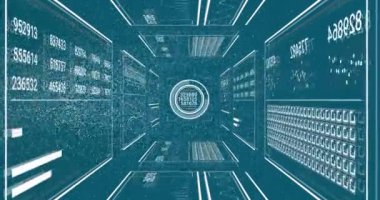 Nft metin afişinin canlandırılması ve mavi arkaplan üzerinde veri işleme arayüzü. Kripto para birimi ve iş arayüzü teknolojisi kavramı