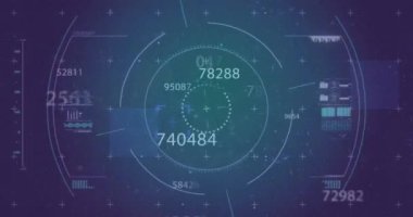 Arıza efekti ve kapsam animasyonu mavi arkaplan ile birden fazla değişen sayıyı tarıyor. Bilgisayar arayüzü ve iş teknolojisi kavramı