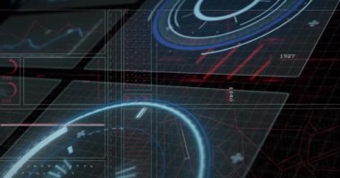 Animation of interface with round scanner and data processing against black background. Computer interface and business technology concept