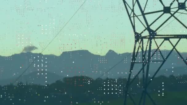 하늘을 배경으로 네트워크 타워를 마이크로프로세서 애니메이션 글로벌 비즈니스 — 비디오