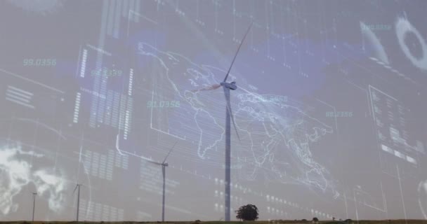 Анимация Интерфейса Обработкой Данных Над Вращающимися Ветряными Мельницами Лугу Против — стоковое видео