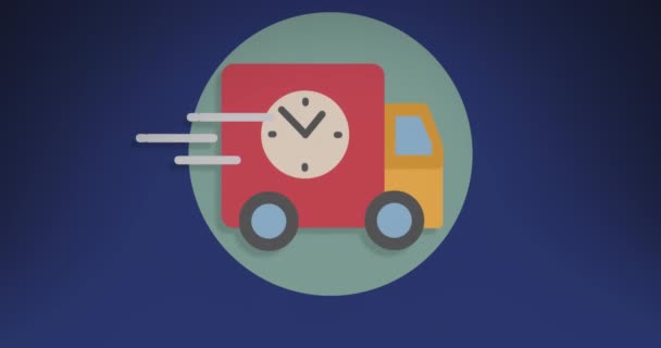 Анімація Фургона Піктограмою Годинника Синьому Фоні Концепція Доставки Роздрібної Торгівлі — стокове відео