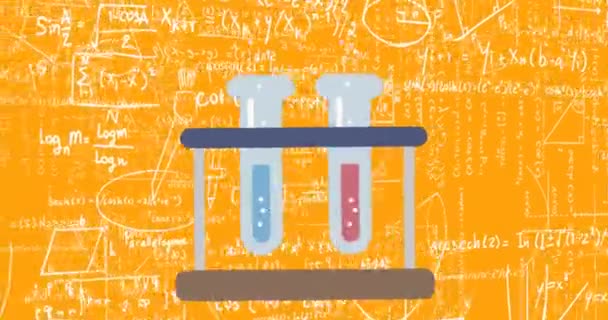 化学试管在橙色背景下的数学方程上的动画化 学习和学校概念数字制作的录像 — 图库视频影像