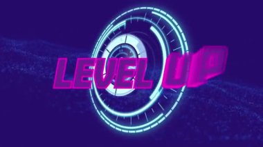 Neon yuvarlak tarayıcı üzerinde metin pankartın canlandırılması ve mavi arkaplan üzerinde dijital dalga. Video oyunu arayüzü teknolojisi kavramı