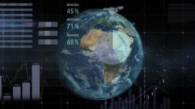 Animation of financial data processing over globe. Global business, finances, computing and data processing concept digitally generated video.