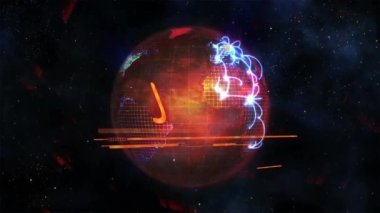 Uyarı sembolünün animasyonu ve uzayda dönen küreye karşı tehlike mesajı pankartı. Küresel acil durum ve güvenlik kavramı