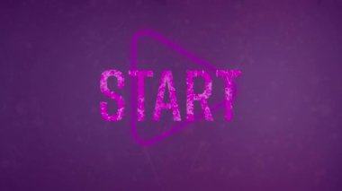 Mor arkaplan üzerinde neon çalma simgesi üzerinde başlangıç metni simgesinin canlandırması. Sosyal medya ağı ve video oyunu teknolojisi kavramı