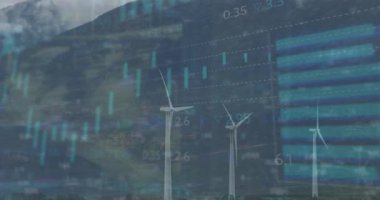 Çayır üzerinde dönen yel değirmenlerine karşı istatistiksel veri işleme animasyonu. İş ve yenilenebilir enerji teknolojisi kavramı