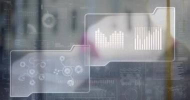 Animation of interface with data processing against people walking on the street. Computer interface and business technology concept