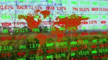 Dünya haritası üzerinden otlaktaki ağ kulelerine karşı borsa veri işleme animasyonu. Küresel ekonomi ve iş ağı teknolojisi kavramı