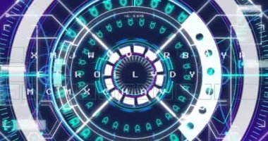 Yuvarlak tarayıcının üzerinde veri işleme animasyonu mavi arkaplanda kusursuz bir şekilde dönüyor. Bilgisayar arayüzü ve iş veri teknolojisi kavramı