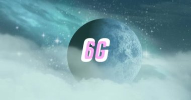 Uzaydaki gezegene karşı 6G yazılı afişin animasyonu. Küresel ağ ve iş teknolojisi kavramı