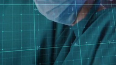 Kafkasyalı kadın cerrahın hastanedeki ameliyathanede kapalı devre şebekesinin animasyonu. Tıbbi sağlık teknolojisi kavramı