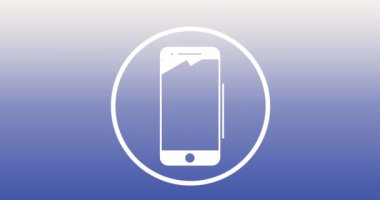 Mor gradyan arka planda akıllı telefon simgesinin yuvarlak afiş üzerinde canlandırılması. Küresel ağ ve iş teknolojisi kavramı