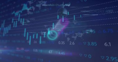 Mavi zemin üzerinde borsa veri işleme karşı hareket eden neon spiral şekilli animasyon. Küresel ekonomi ve iş teknolojisi kavramı