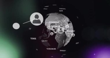 Dönen dünya üzerindeki profil simgelerinin ve renkli ışık noktalarının animasyonu. Küresel ağ ve iş teknolojisi kavramı
